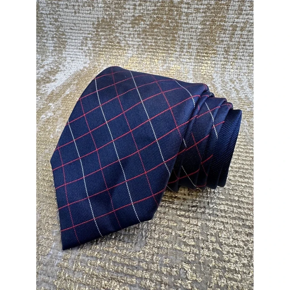 TOMMY HILFIGER Men's Navy Blue Red & White Silk Necktie Office Business Work